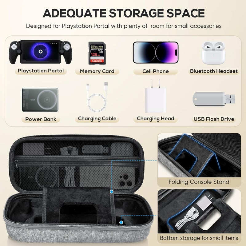 Kinwin 10 in 1 Accessories Bundle Compatible with PlayStation Portal, Grey EVA Carrying Case with Silicone Protective Cover, 2 Pack Screen Protectors and 4 Thumb Grips for PS5 Portal Console - Image 3